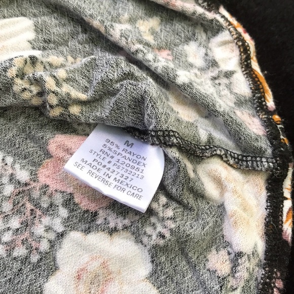 Pink Rose Black Floral Blouse Elastic Neckline Keyhole Tie Sleeves Rounded Hem M - Picture 9 of 13